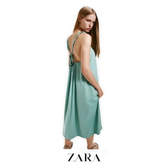 ZARA | Aquamarine | MIDI DRESS WITH TIE DETAIL - Picture 6 of 9